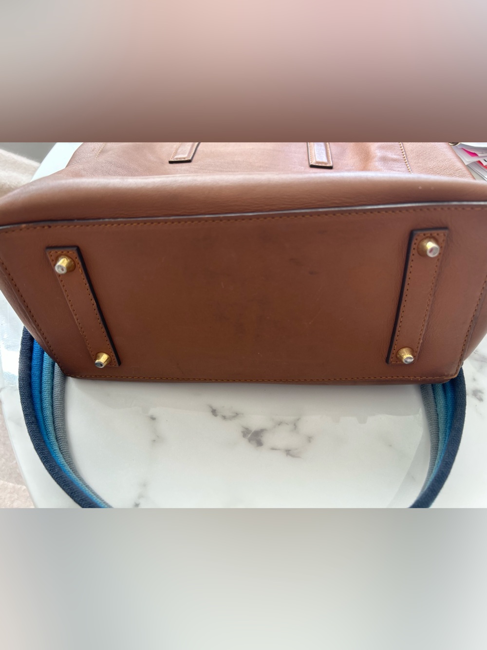 VGC Anya Hindmarch Camel Teather Ebury Smiley Tote w/ Blue Strap! - Picture 7 of 15